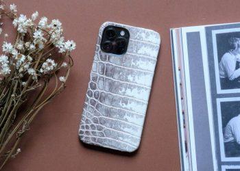 Auf dem Tisch liegt ein vertrockneter Blumenstrauß. Daneben liegt ein Handy mit einer Schutzhülle die ein Krokodilhaut-Muster in den Farben grau und weiß hat.