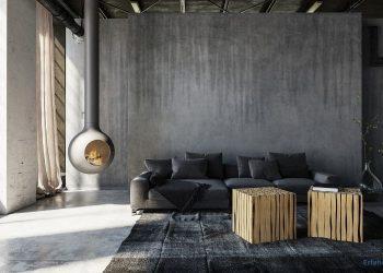 modernes Wohnzimmer in Grau und Holztönen