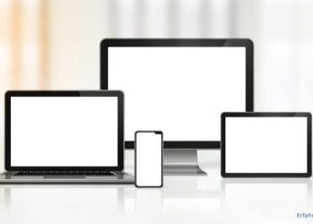 PC-Bildschirm. Laptop, Smartphone und Tablet mit weißem Display