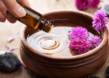 Ätherische Öle werden in eine Schale mit Wasser geträufelt