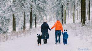 Familie geht im Schnee spazieren