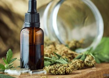 CBD Öl in Flasche mit CBD Blüten