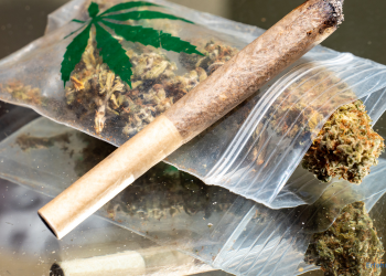 Joint mit Filter liegt auf einem Tütchen mit Cannabis