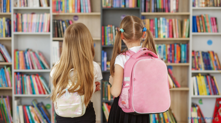 Zwei Mädchen mit einem Kinderrucksack auf dem Rücken