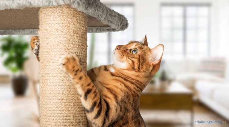 Katze kratzt am Kratzbaum. Kratzbaum Grau