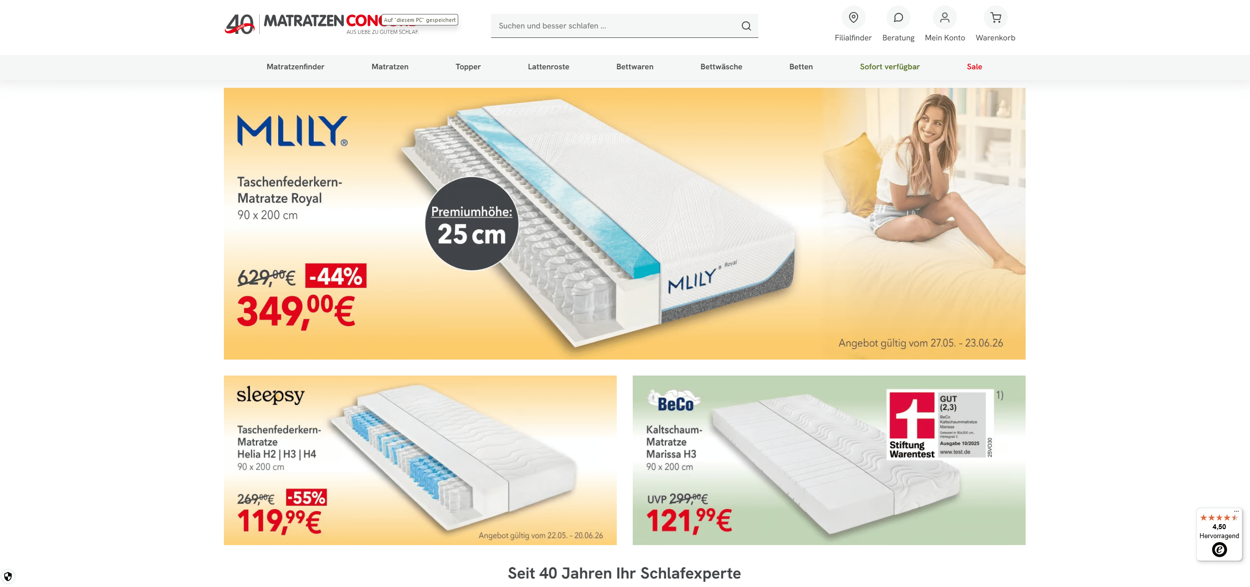 Screenshot vom Onlineshop Matratzen Concord