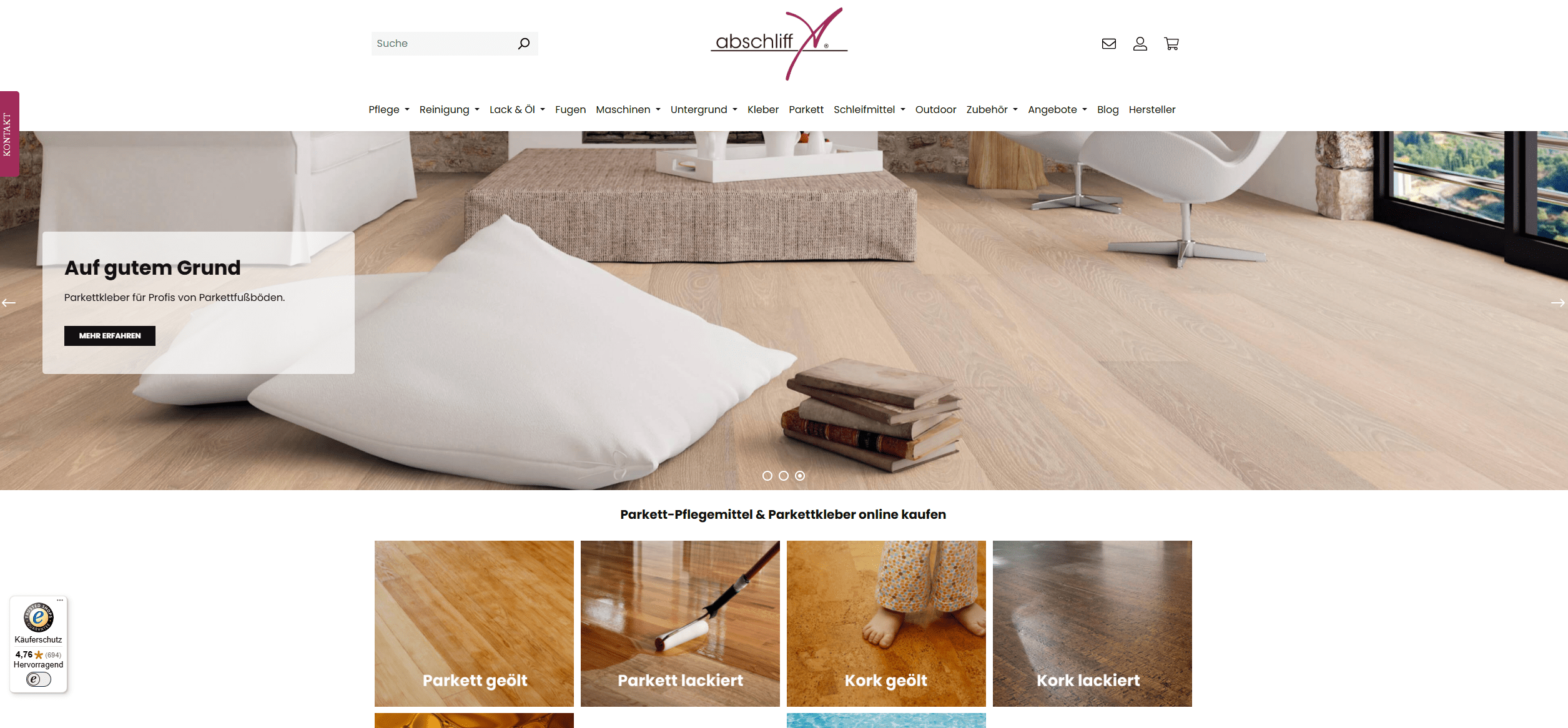 Screenshot vom Onlineshop Parkett-Pflegemittel.de