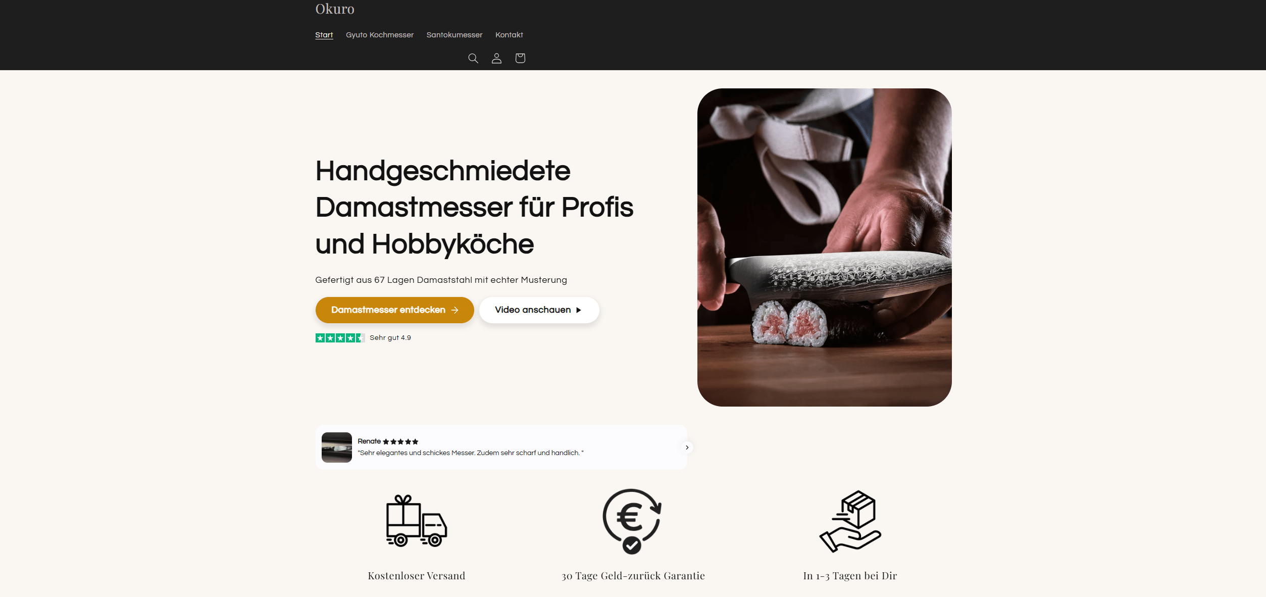 Screenshot vom Onlineshop Okuro