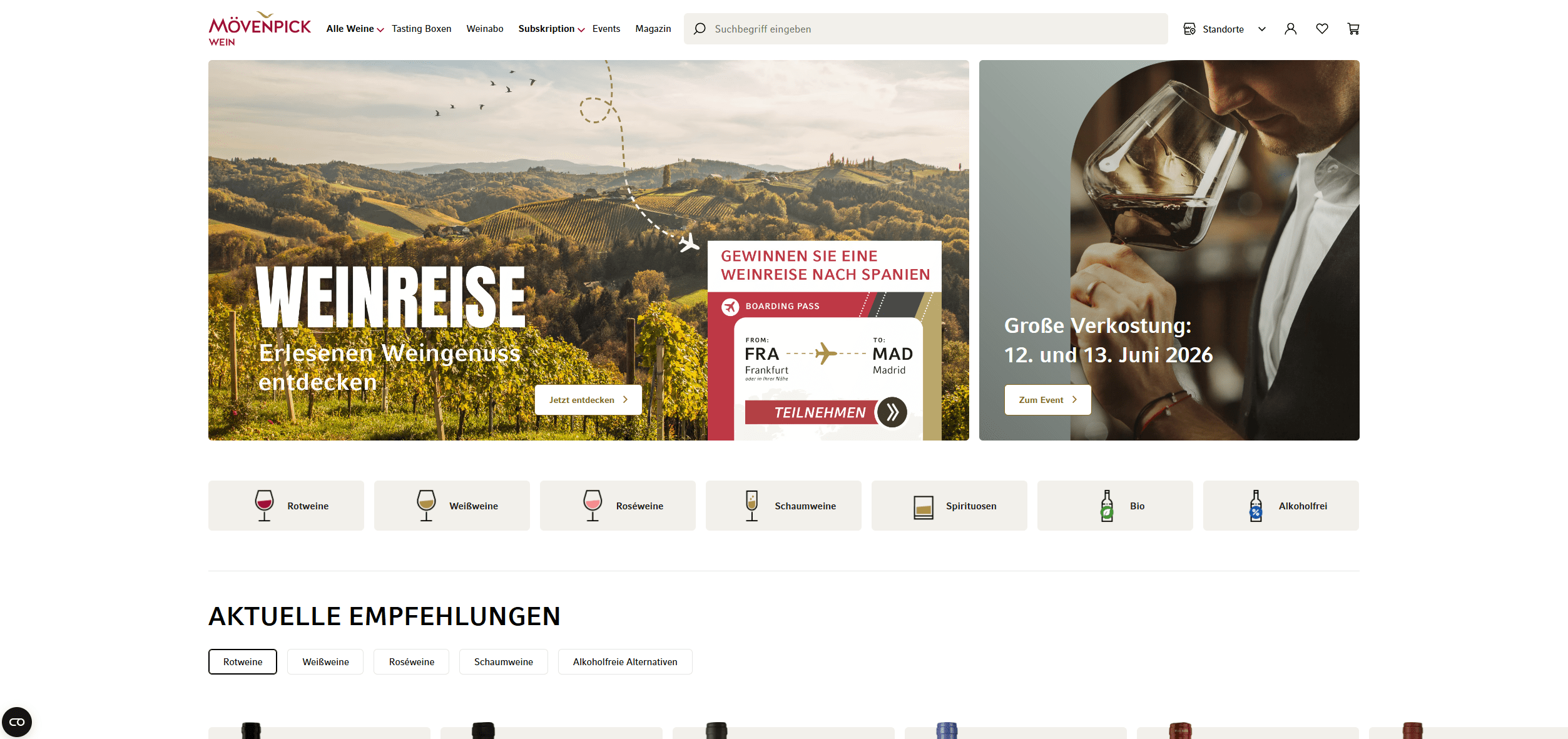 Screenshot vom Onlineshop Mövenpick Wein