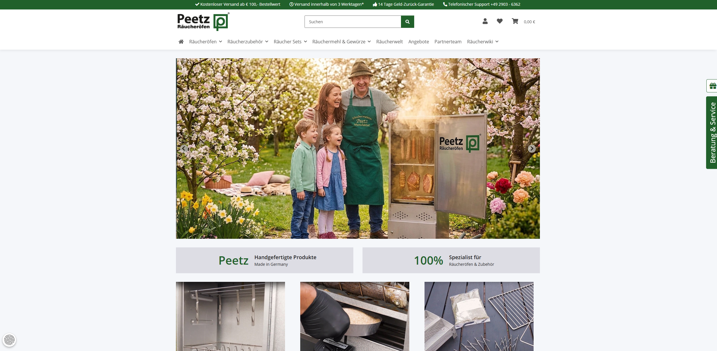 Screenshot vom Onlineshop Peetz Räucheröfen